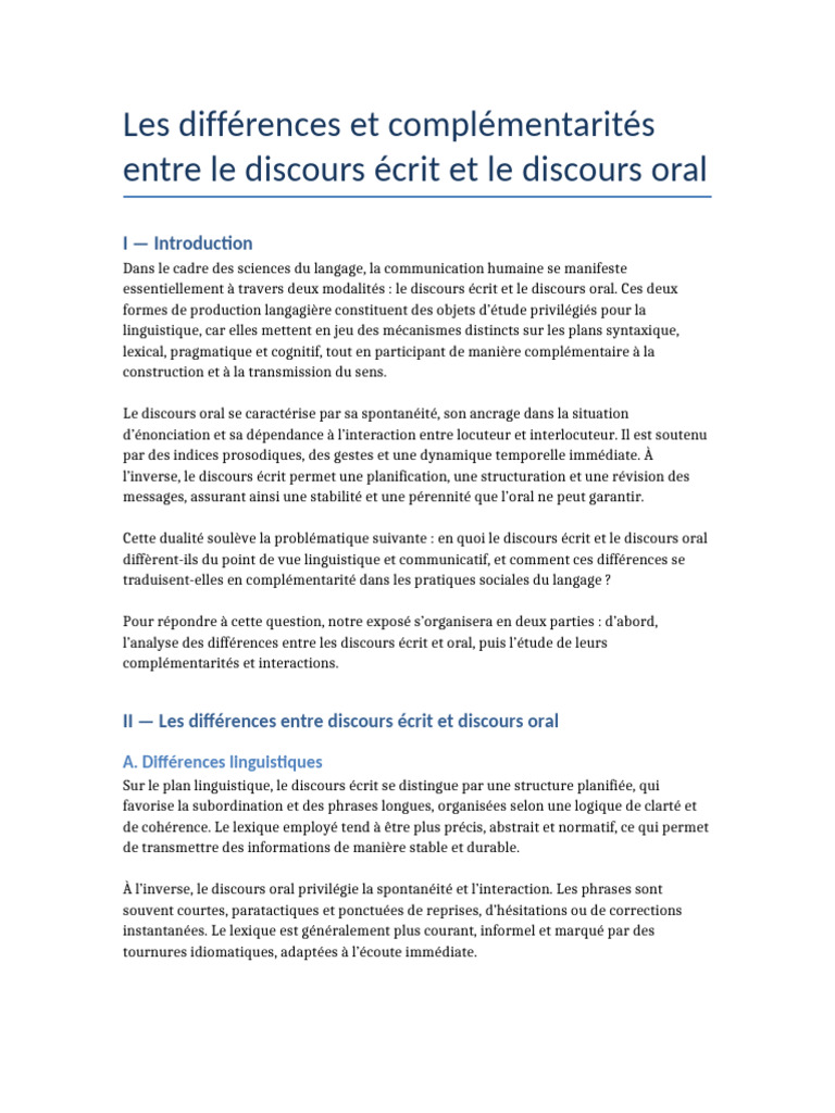 Discours écrit vs oral : différences clés | PDF | Discours ...