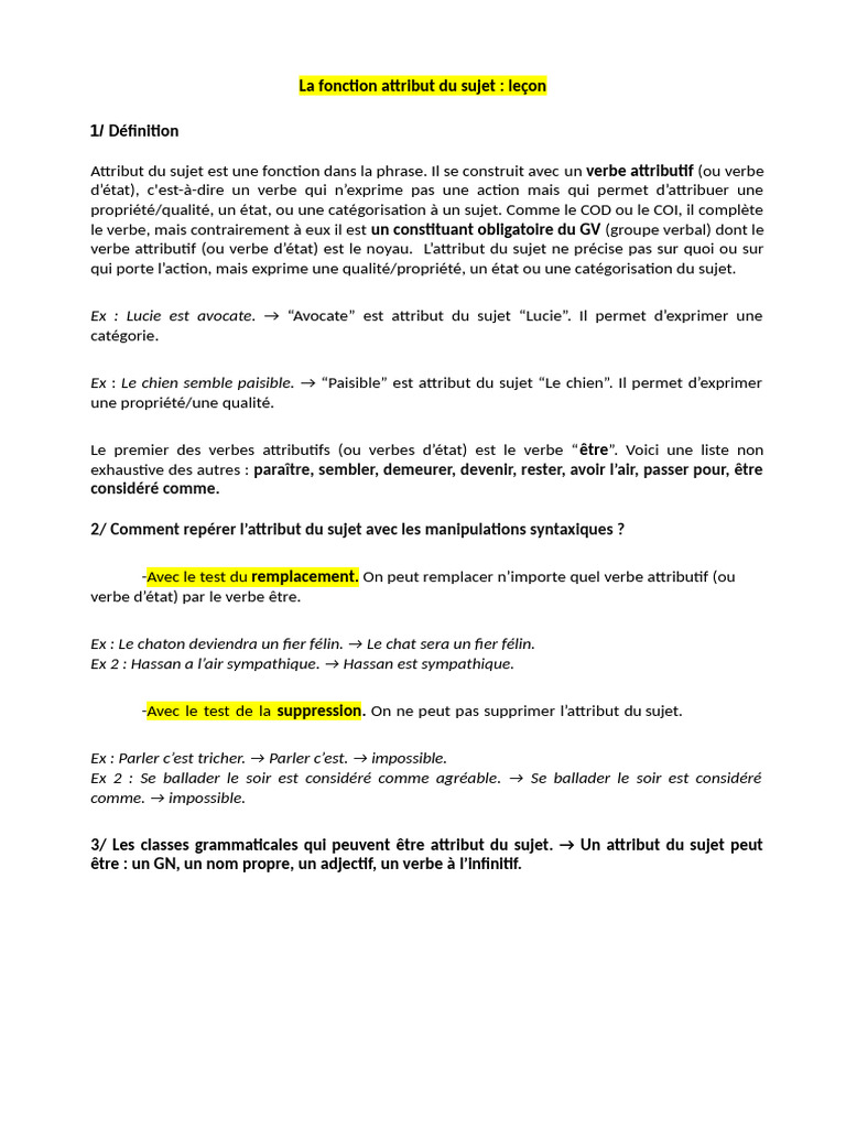 Comprendre l'attribut du sujet en grammaire | PDF