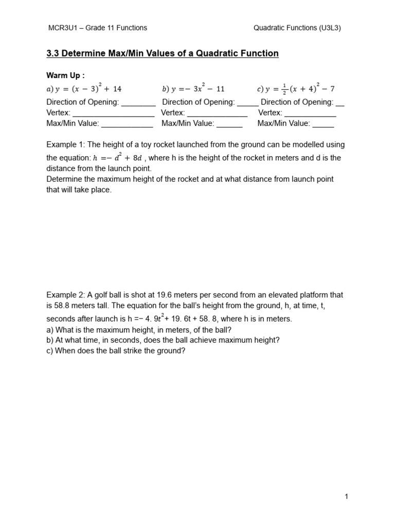 3.3 Determine Maximum - Minimum Values of A Quadratic Function | PDF ...