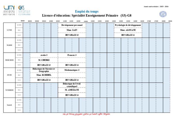Emploi du temps Licence Éducation S3 | PDF