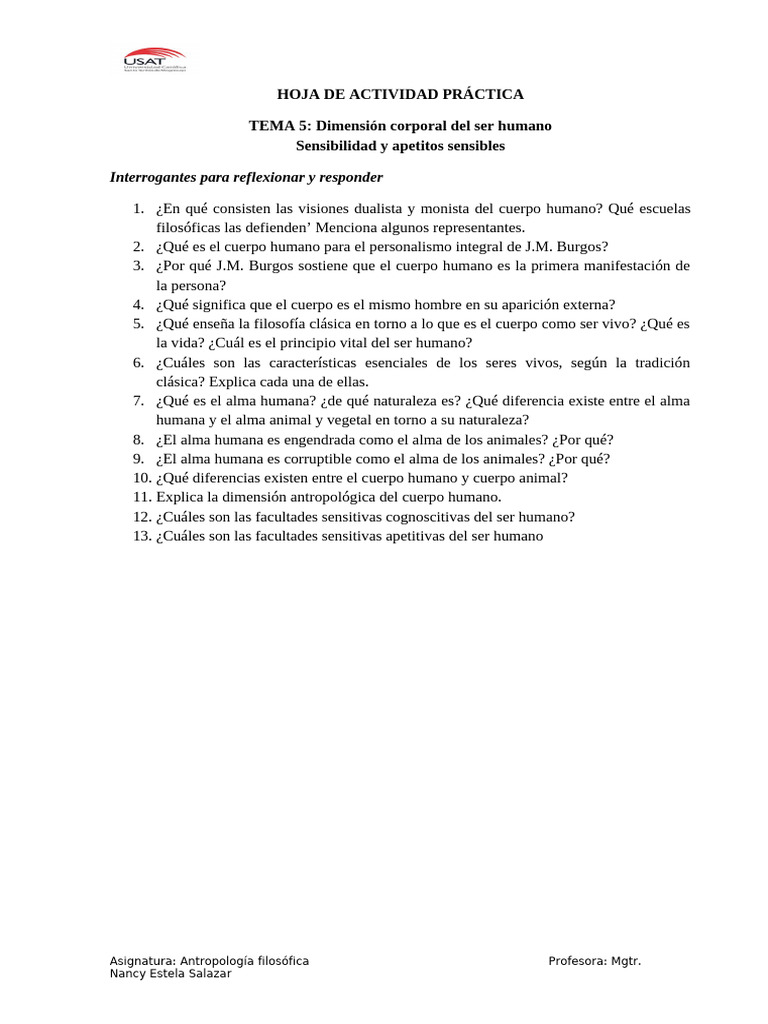 Hoja de Actividad Práctica. Tema 5. Dimensión Corporal Del Ser Humano | PDF