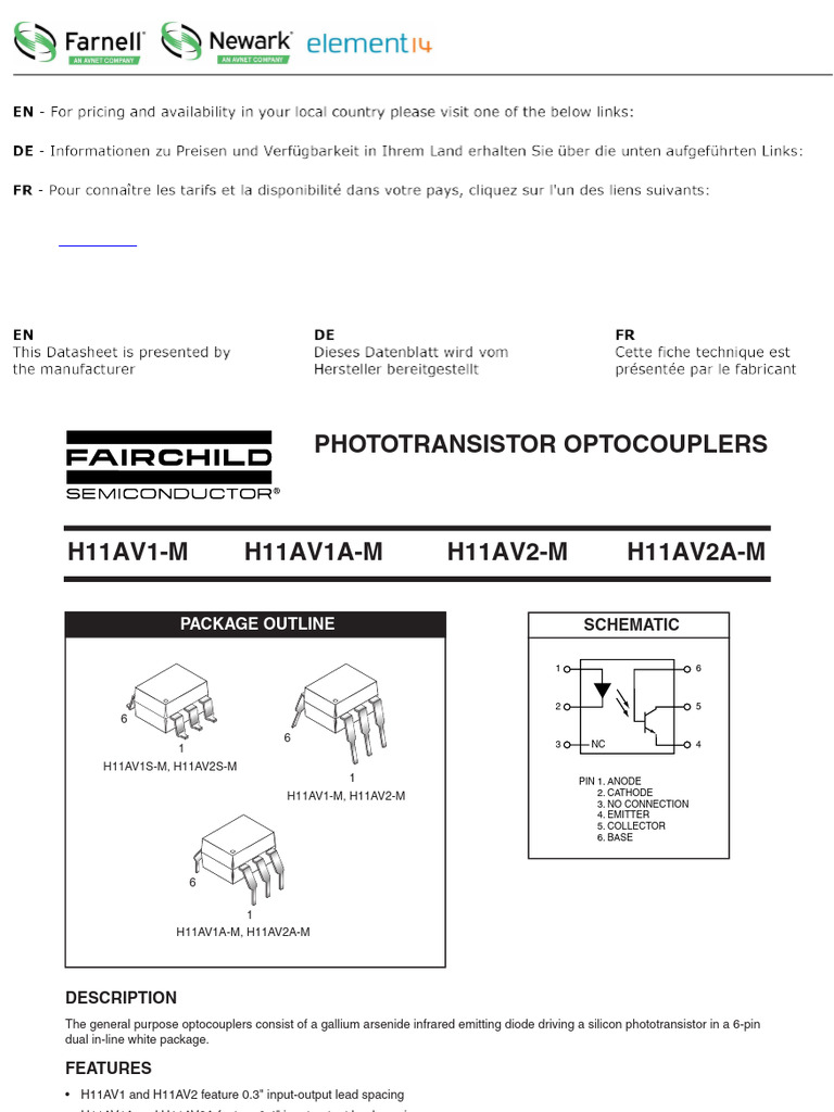Fairchild H11AV2AM Optocoupler Datasheet | PDF | Diode | Computer ...