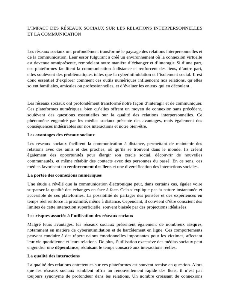 Réseaux sociaux : impact sur relations humaines | PDF | Réseautage ...