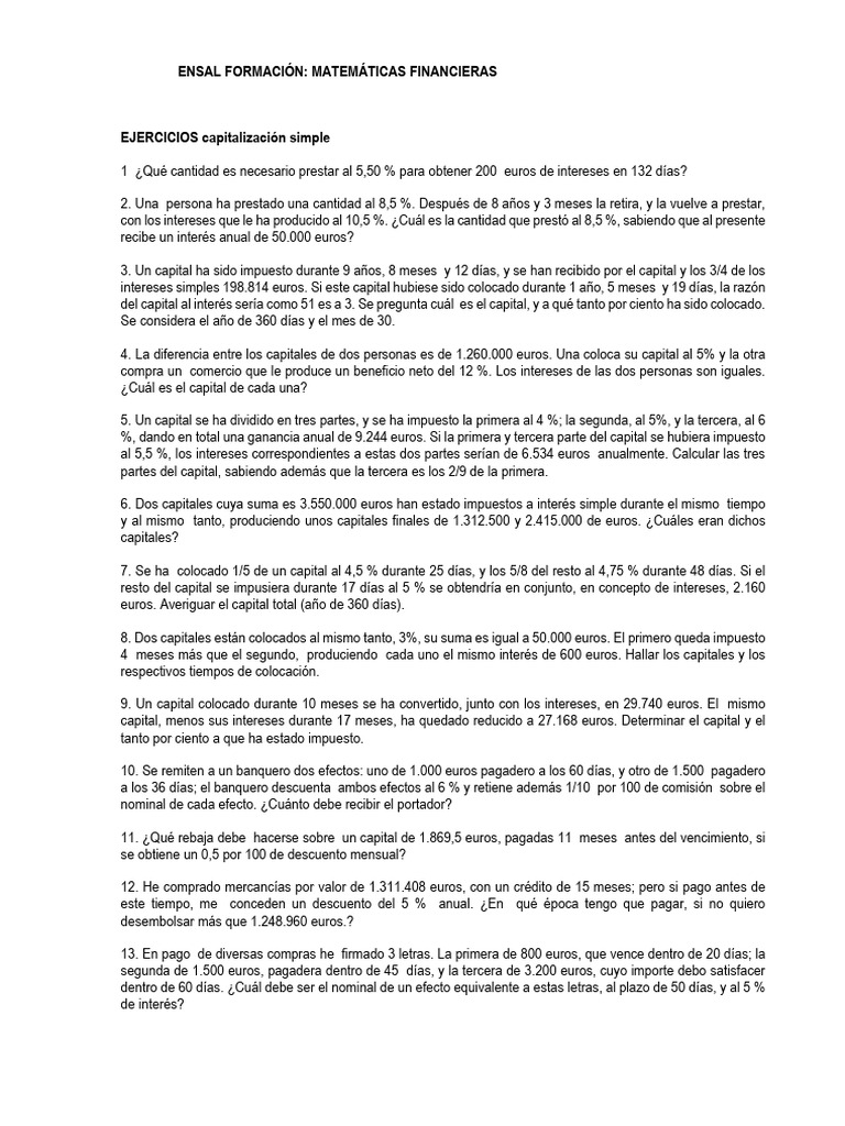 Ejercicios de Matemáticas Financieras | PDF | Euro | Tasas de interés