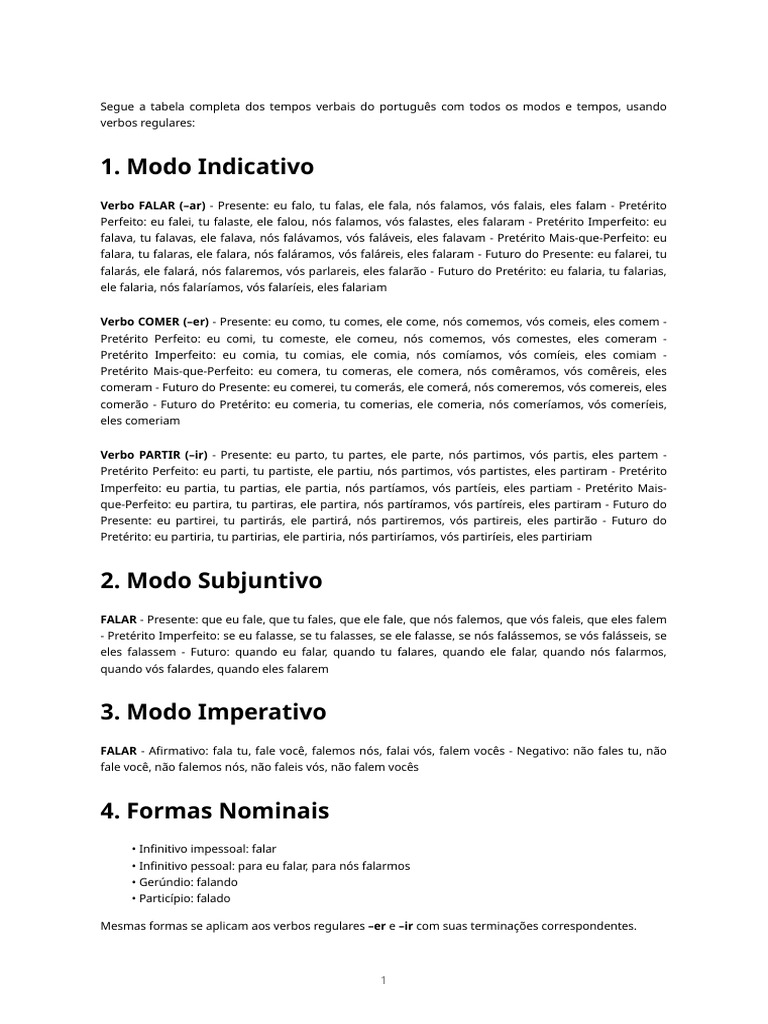 Tabela dos Tempos Verbais em Português | PDF | Sintaxe | Relações ...