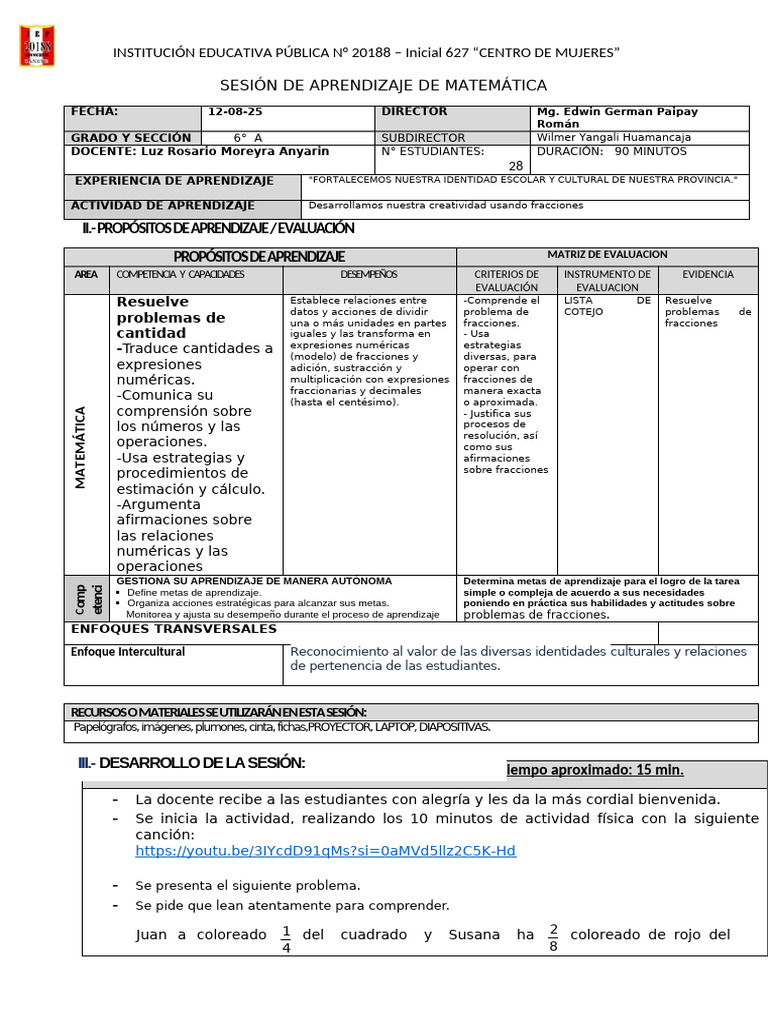 Sesion de Aprendizaje Matematica 2025 | PDF | Evaluación | Aprendizaje