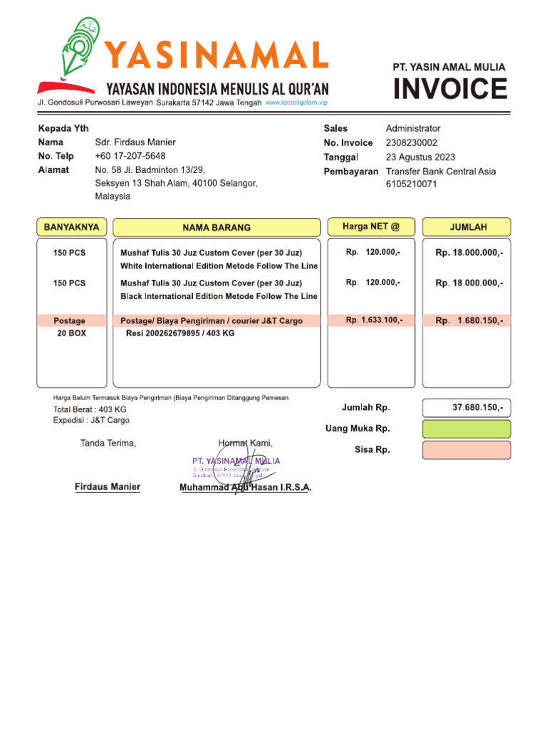 Invoice Yam 2308230002 | PDF