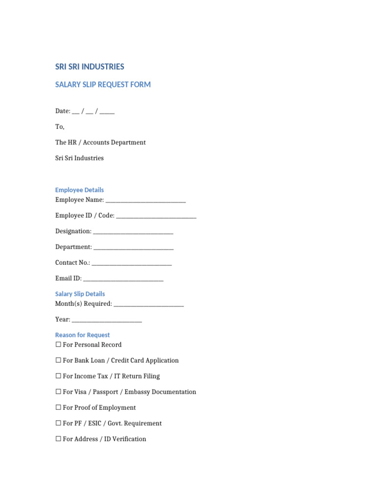 Salary Slip Request Form Sri Sri Industries | PDF