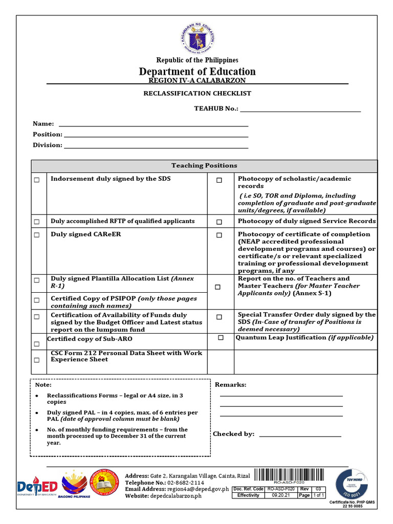 DepEd Reclassification Checklist | PDF | Educational Stages