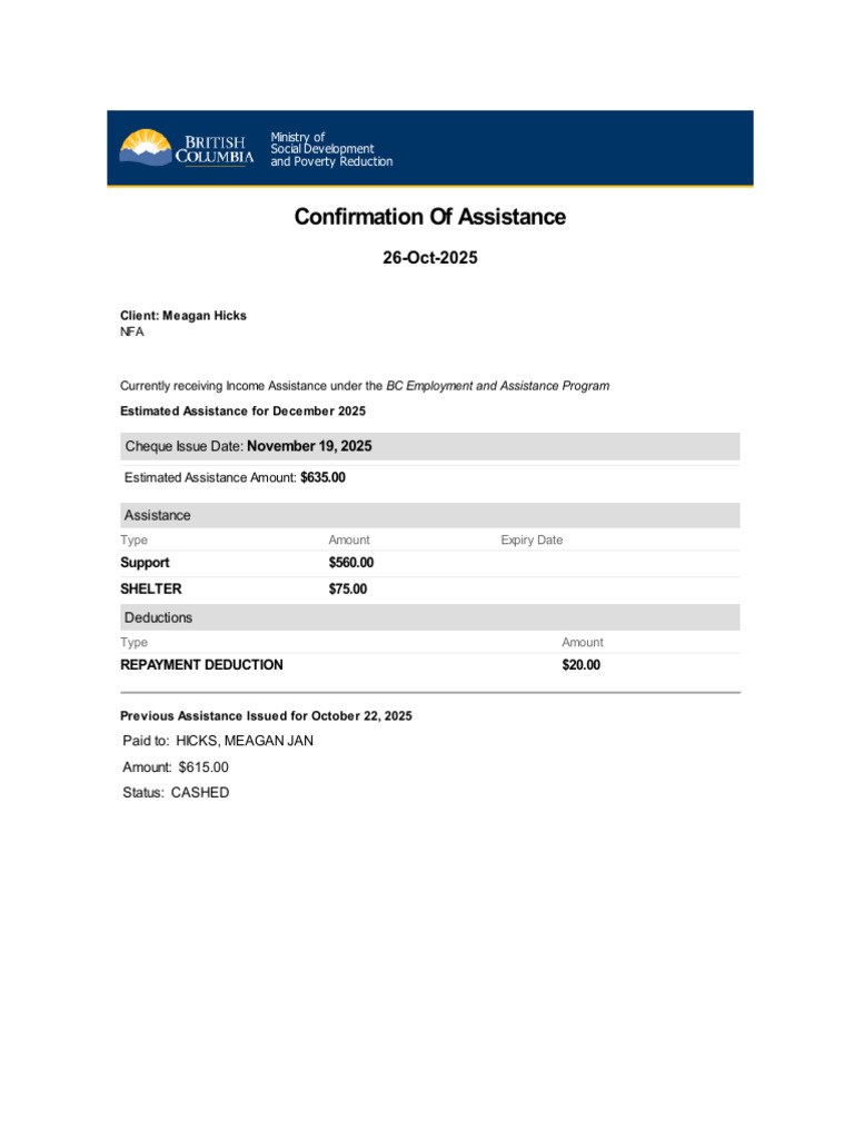 BC Income Assistance Confirmation 2025 | PDF