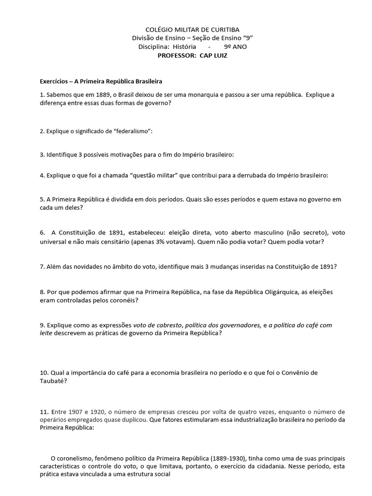 Exercícios sobre a Primeira República | PDF | Brasil