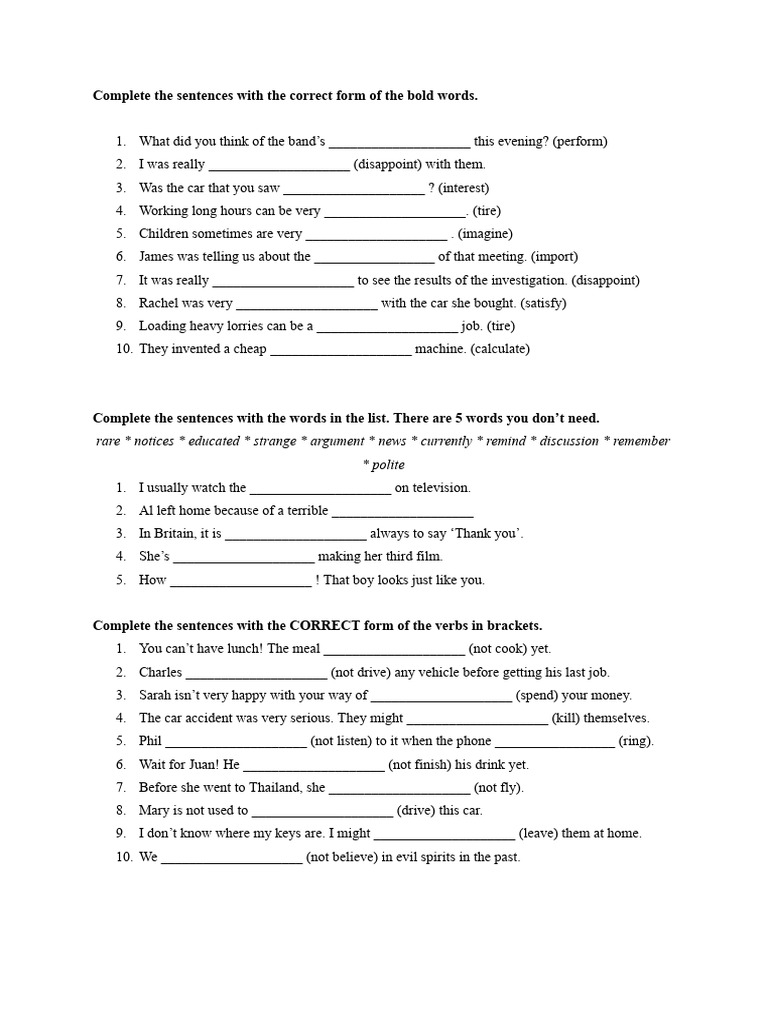 Sentence Completion Exercises for English | PDF | Syntax | Grammar
