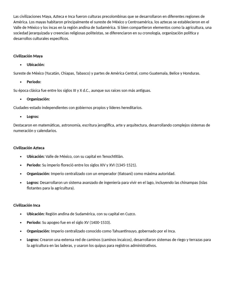 Civilizaciones Maya, Azteca e Inca | PDF