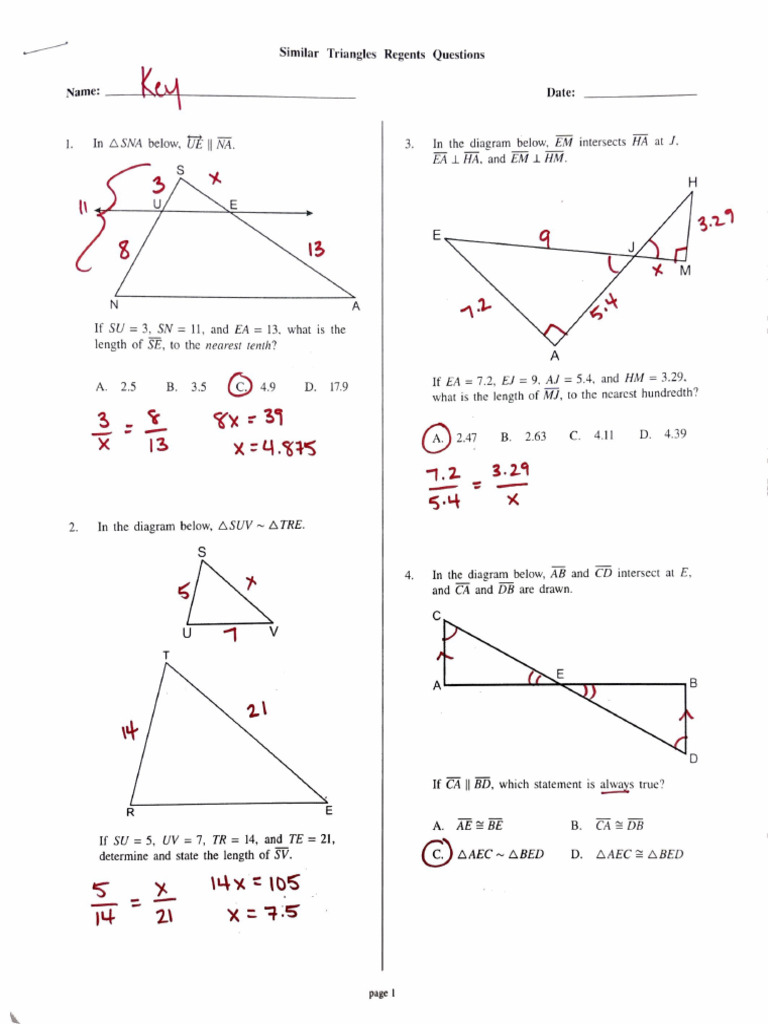 Similar Triangles Regents Questions AK (W. Work Shown) | PDF | Convex ...