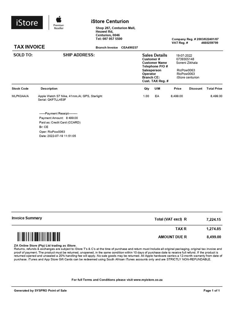 iStore Tax Invoice for Apple Watch S7 | PDF | Receipt | Payments