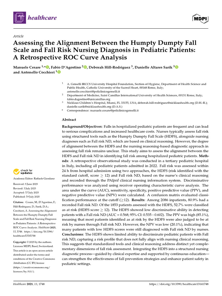 Pediatric Fall Risk Assessment Study | PDF | Receiver Operating ...