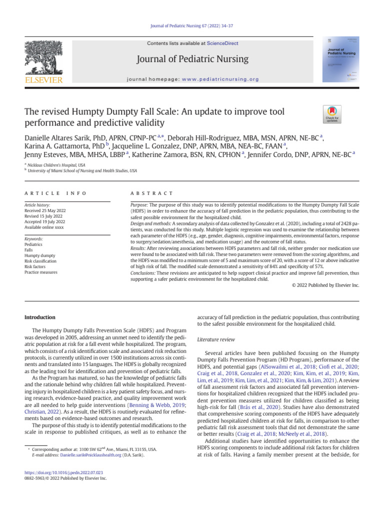 Revised Humpty Dumpty Fall Scale | PDF | Sensitivity And Specificity | Risk
