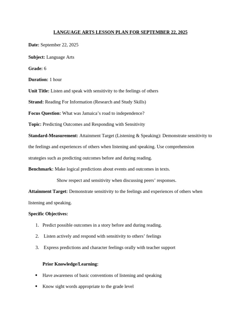 Language Arts Lesson Plan: Predicting Outcomes | PDF | Reading ...