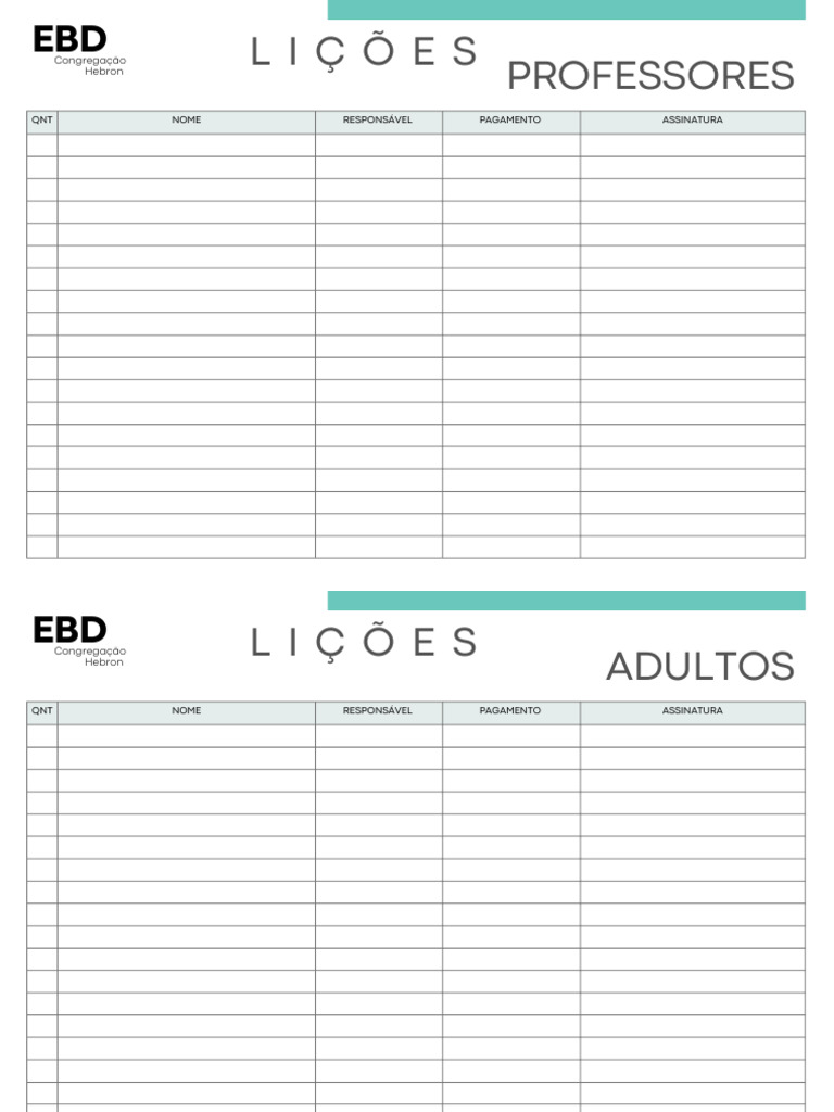 Registro de Professores EBD Hebron | PDF