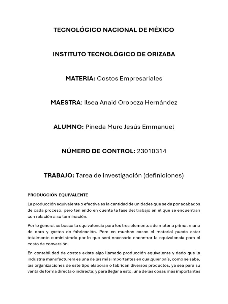Tarea Producción Equivalente | PDF | Contabilidad de costos | Economias