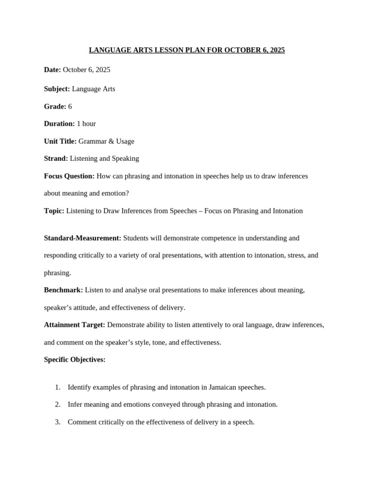 Language Arts Lesson Plans Week 3, 2025 | PDF | English Studies ...