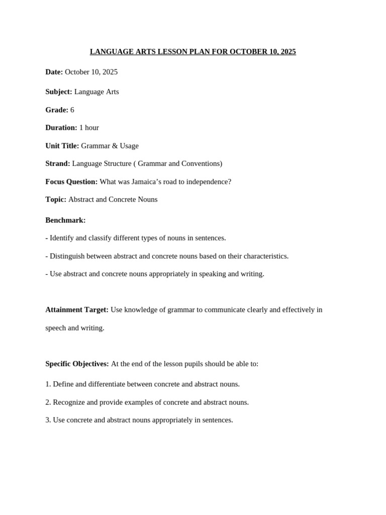 Abstract vs Concrete Nouns Lesson Plan | PDF | Noun | Grammar