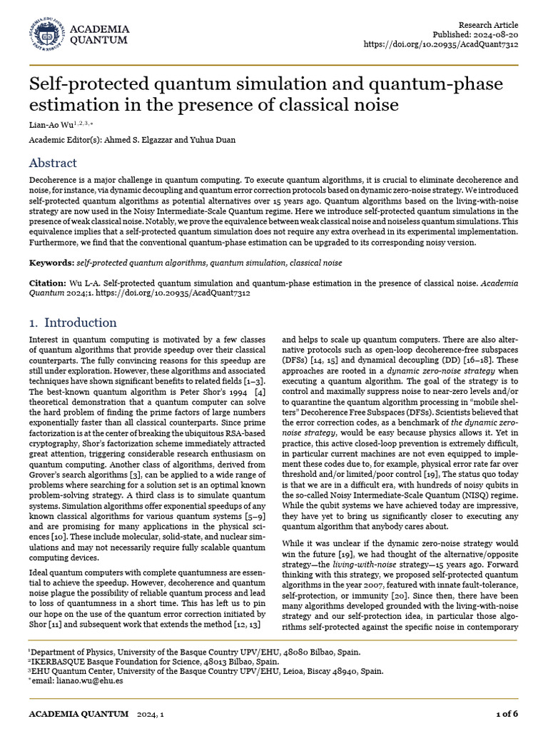 Self Protected Quantum Simulation and Qu | PDF | Quantum Computing ...