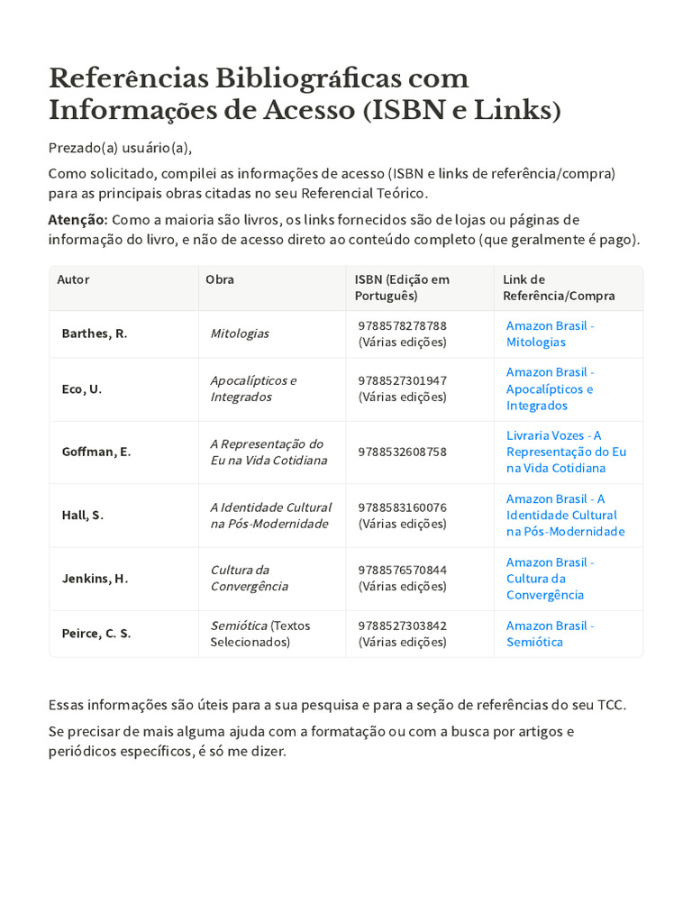 Referências Bibliográficas Com Informações de Acesso (ISBN e Links) | PDF