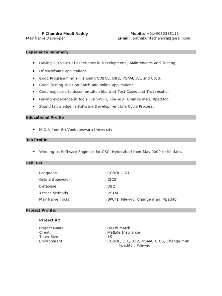 Mainframe Developer Profile Summary | PDF | Ibm Db2 | Systems Engineering