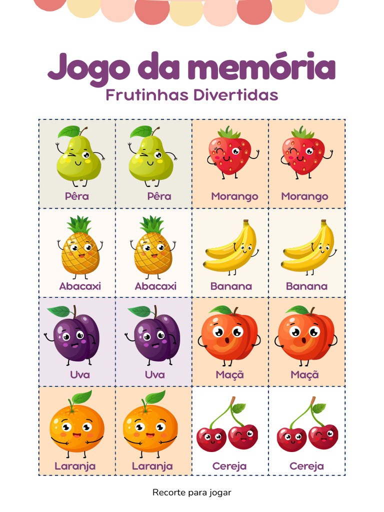 Jogo Da Memória Com Frutas A4 Vermelho, Amarelo, Laranja Ilustrado PDF ...