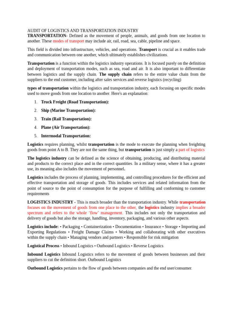 Logistics and Transportation Audit Guide | PDF | Logistics | Transport