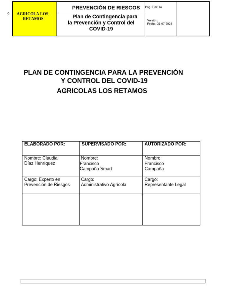 Plan de Contingencia COVID-19 Agrícola | PDF | Ciencias de la Salud ...