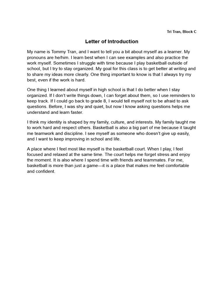 Letter of Introduction - English Studies 12 | PDF