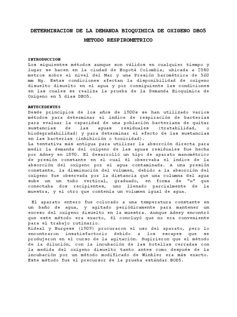 Método Respirométrico para DBO5 | PDF | Oxígeno | Solución tampón