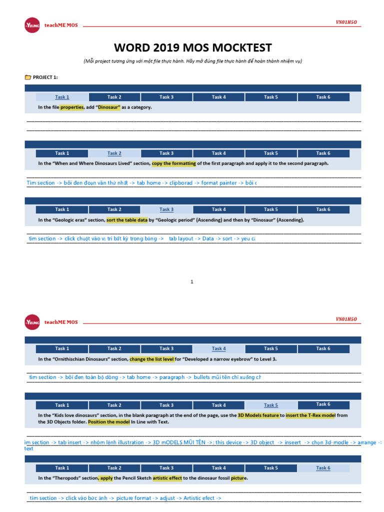 Word 2019 MOS Mock Test Guide | PDF | Text