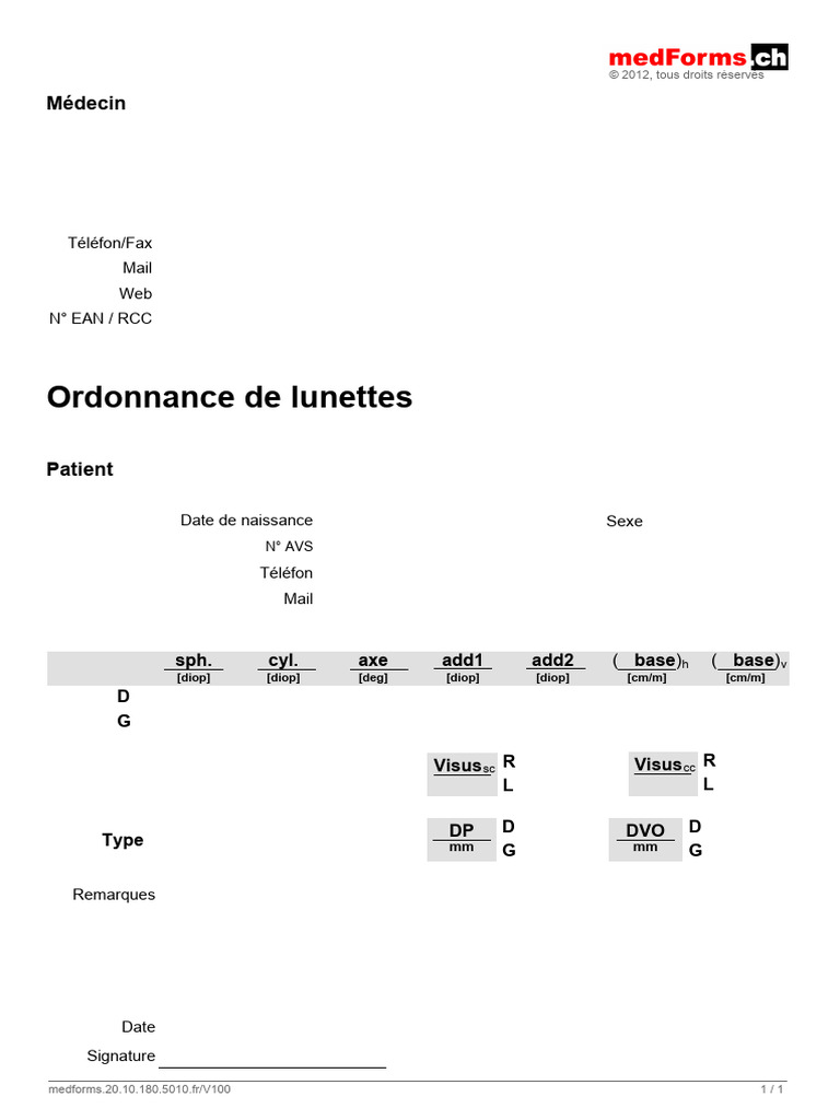 Ordonnance de lunettes : modèle et informations | PDF