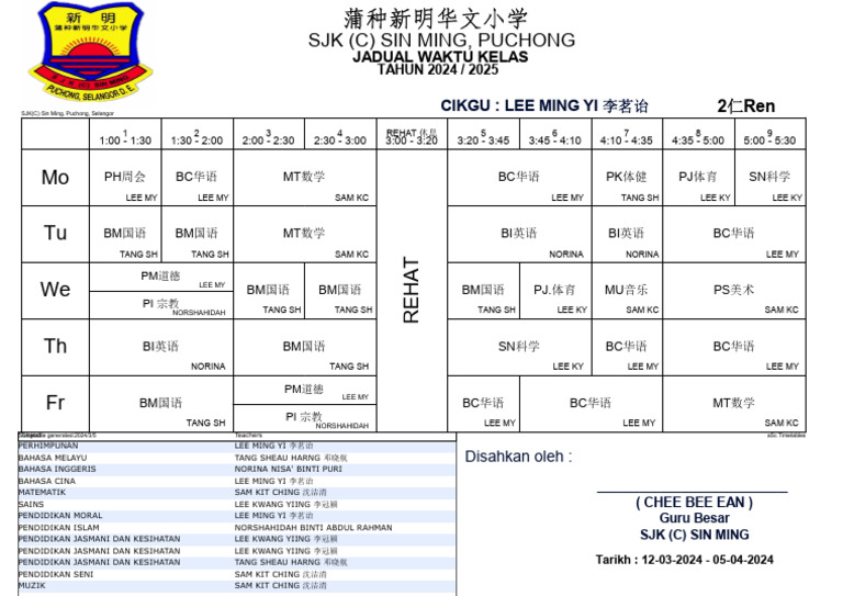 SJK(C) Sin Ming Timetable 2024/2025 | PDF