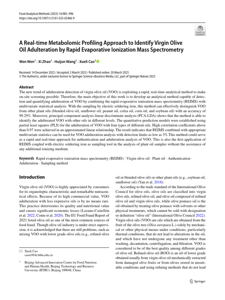Detecting Virgin Olive Oil Adulteration | PDF | Olive Oil | Mass ...