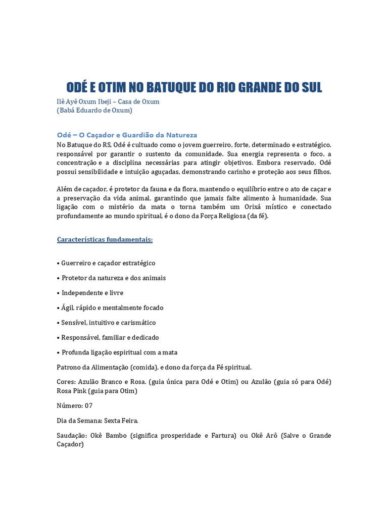 Odé e Otim: Orixás do Batuque Gaúcho | PDF | Caça