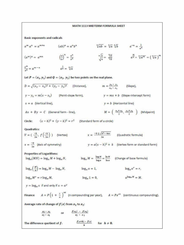 MATH 1113 Midterm Formula Sheet | PDF