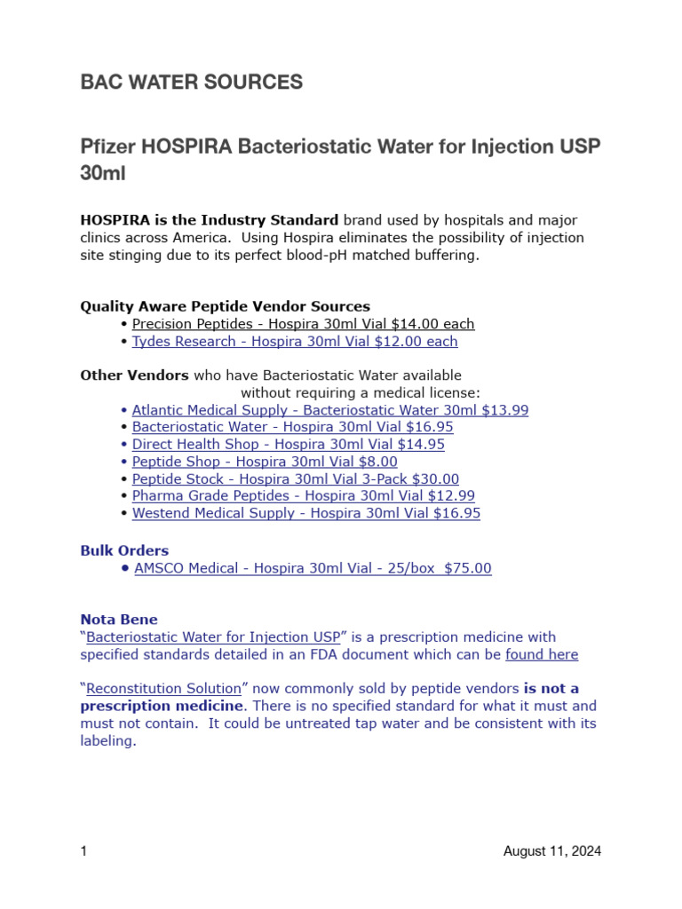 Bacteriostatic Water Sources & Pricing