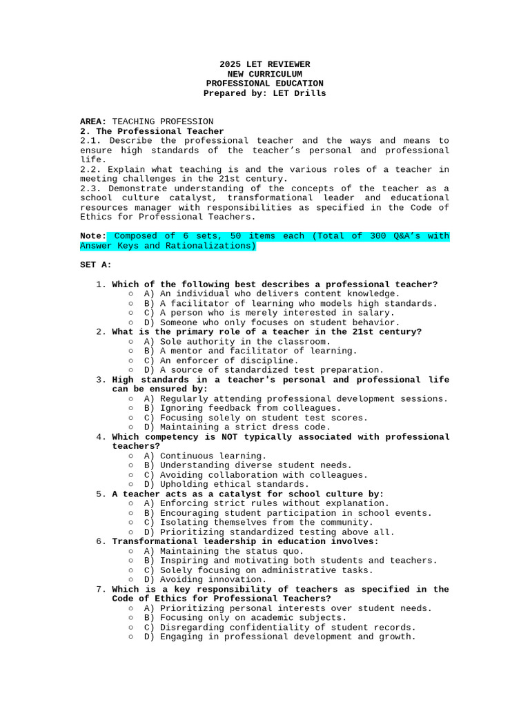 2025 LET Reviewer: Teaching Profession Insights | PDF | Teachers ...