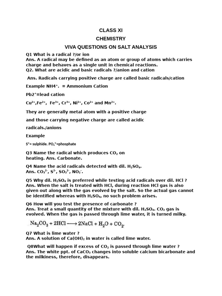Class XI Chemistry: Salt Analysis Viva Questions | PDF | Carbonate ...