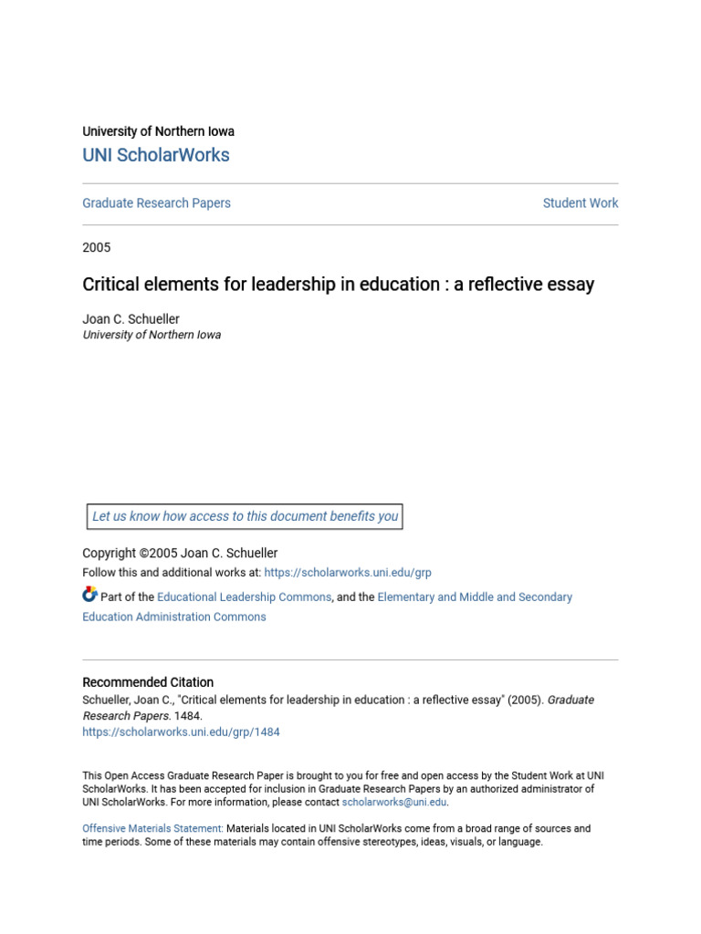 Critical Elements For Leadership in Education - A Reflective Essa | PDF ...