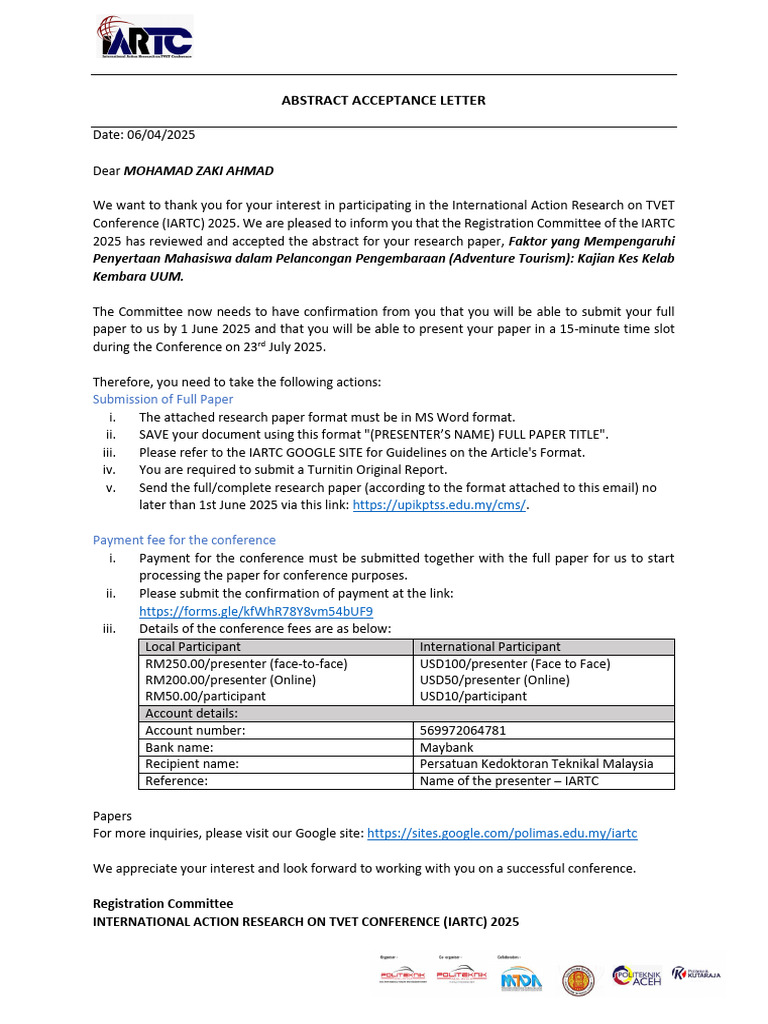 IARTC 2025 Abstract Acceptance Notice | PDF