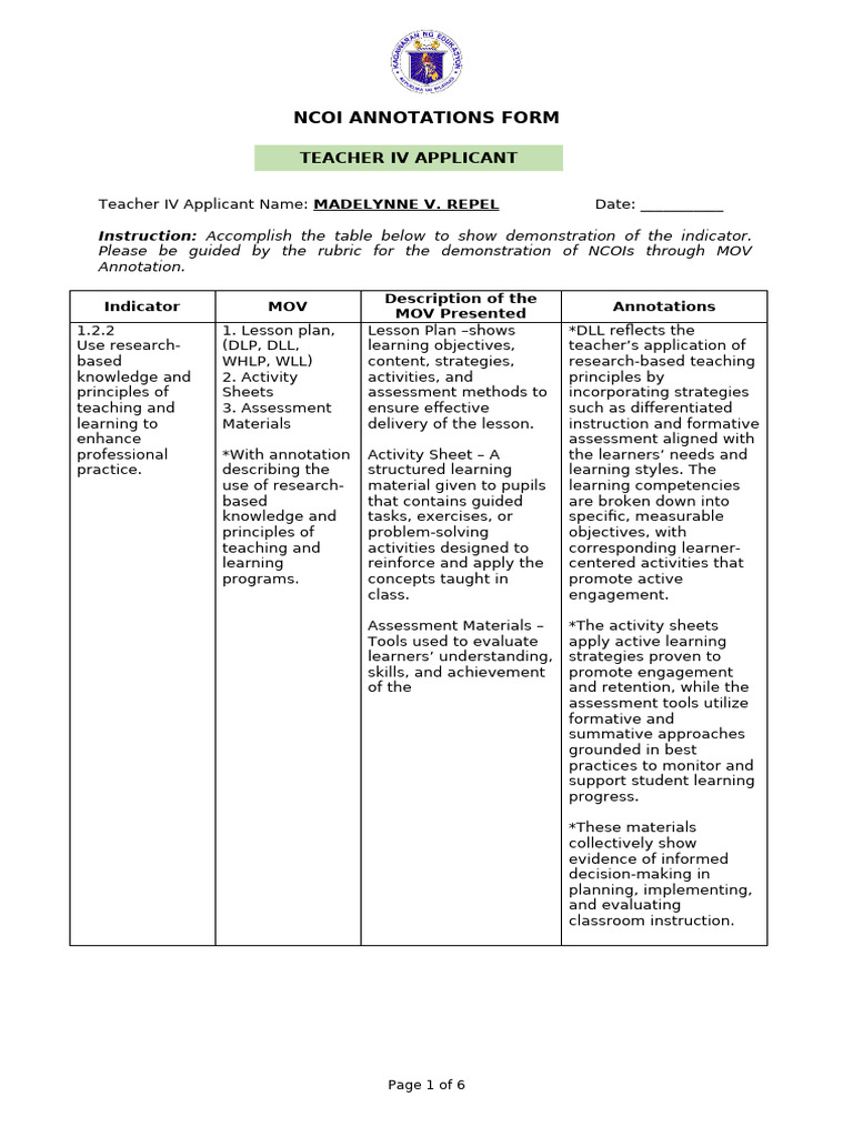 NCOI Annotations for Teacher IV | PDF | Educational Assessment | Learning