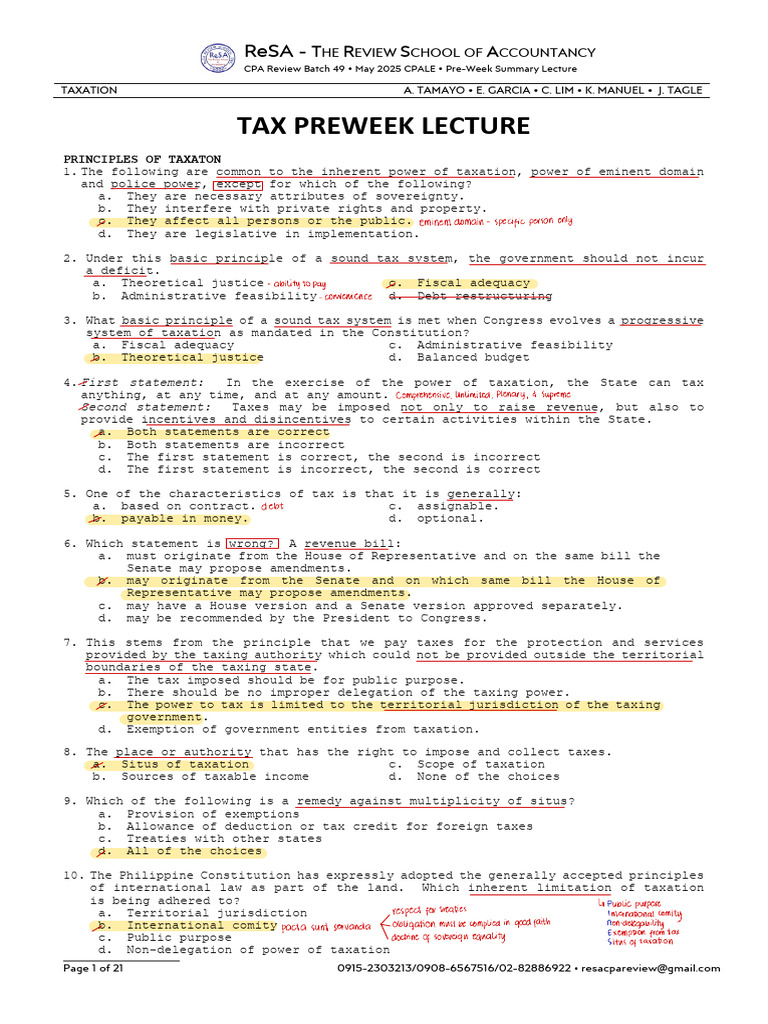 Taxation Principles for CPA Review 2025 | PDF | Taxes | Income Tax
