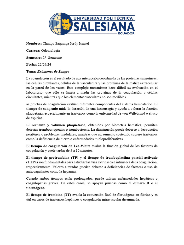 Pruebas de Coagulacion Chango Jordy | PDF | Coagulación | Proteínas de ...
