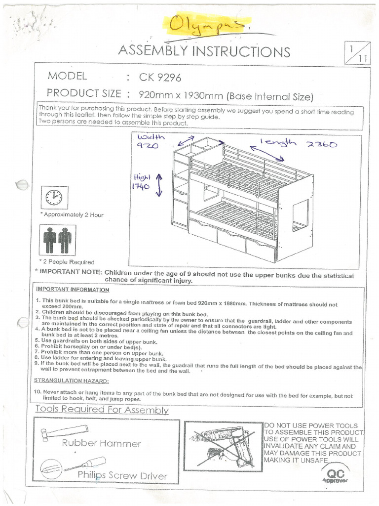 Olympus Bunk Bed Assembly Instruction | PDF