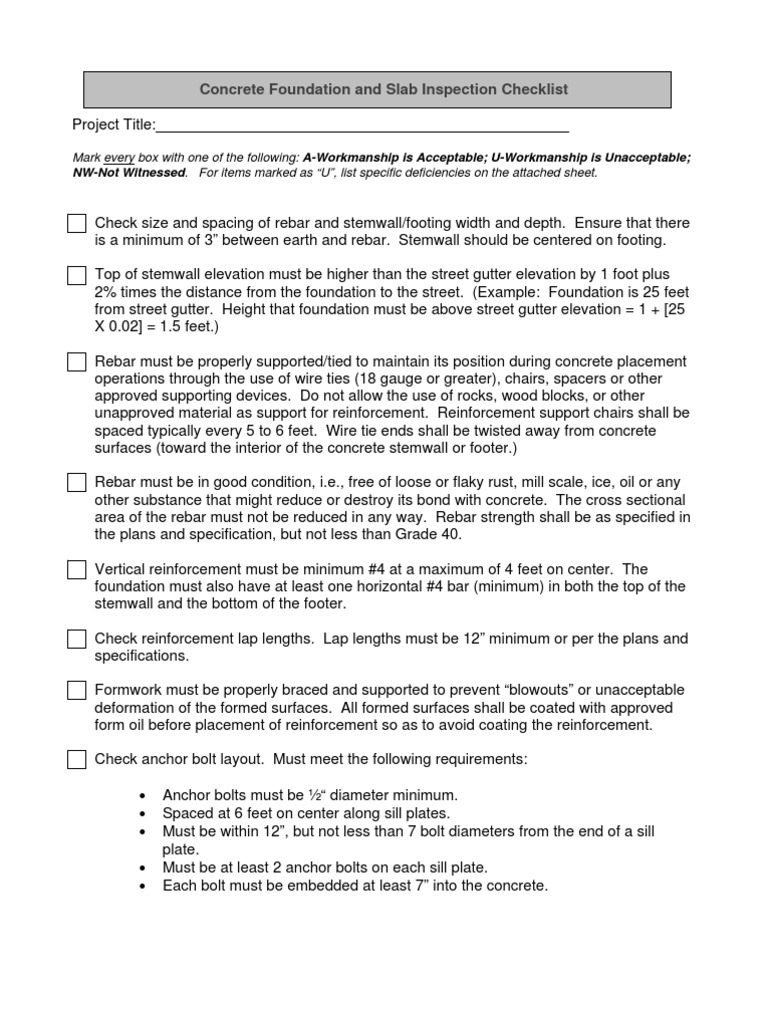 Concrete Slab Inspection Checklist | PDF | Concrete | Building Engineering
